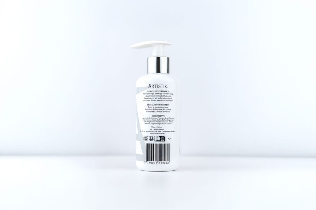 Gel de rasage ARTISTIK, dos du flacon avec les mentions produit