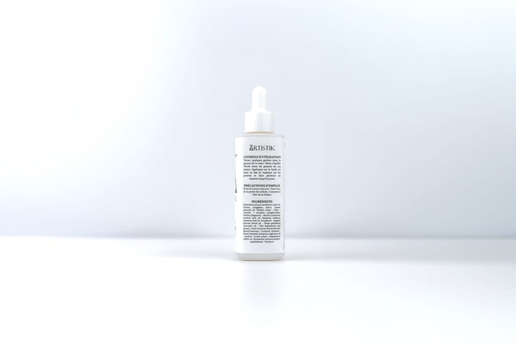 Huile de barbe ARTISTIK, dos du flacon avec les mentions produit