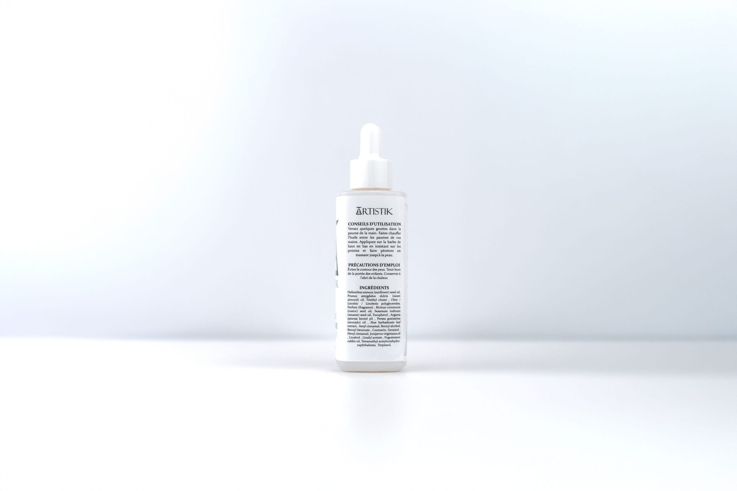 Huile de barbe ARTISTIK, dos du flacon avec les mentions produit