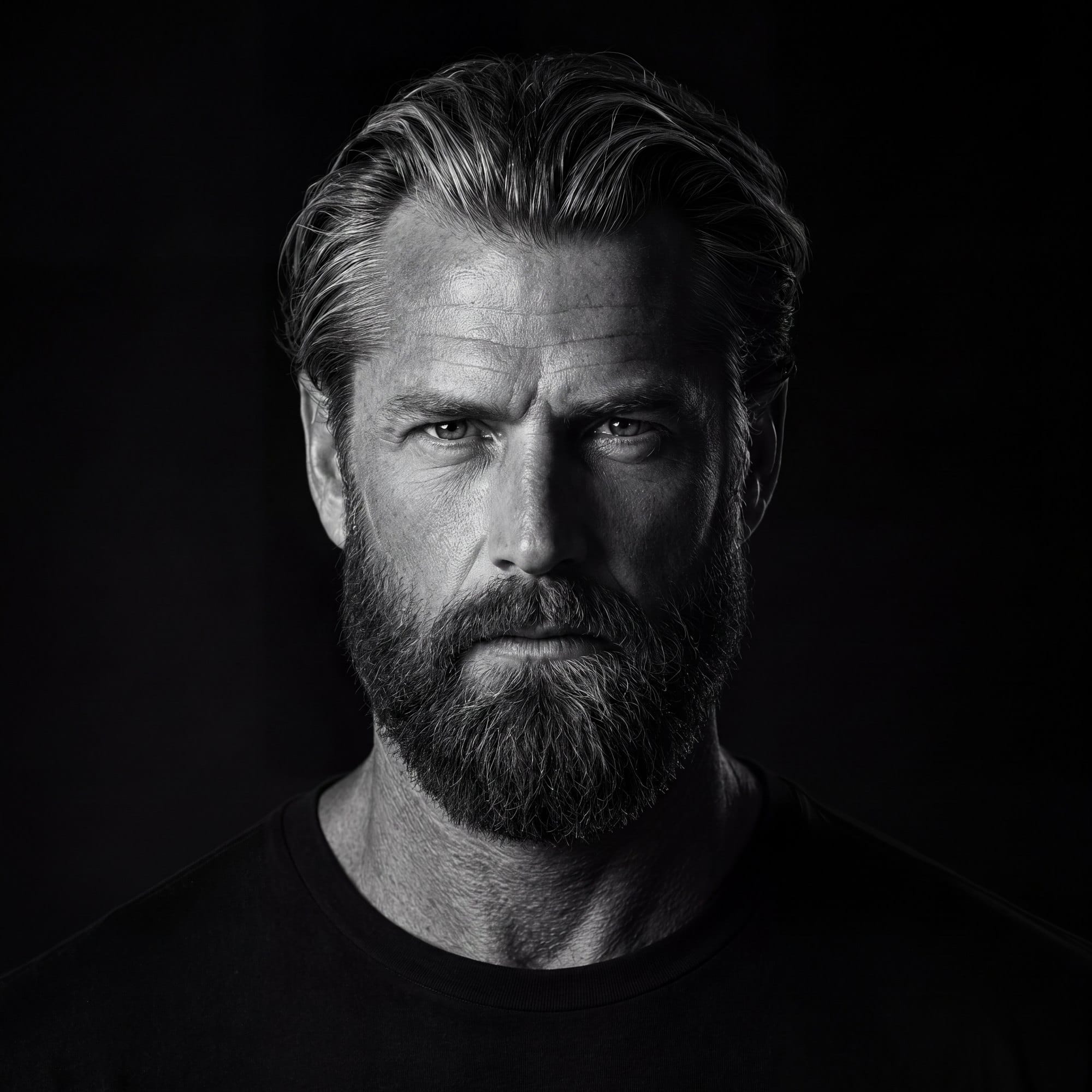 Portrait d’homme barbu en noir et blanc — soin de la barbe Artistik